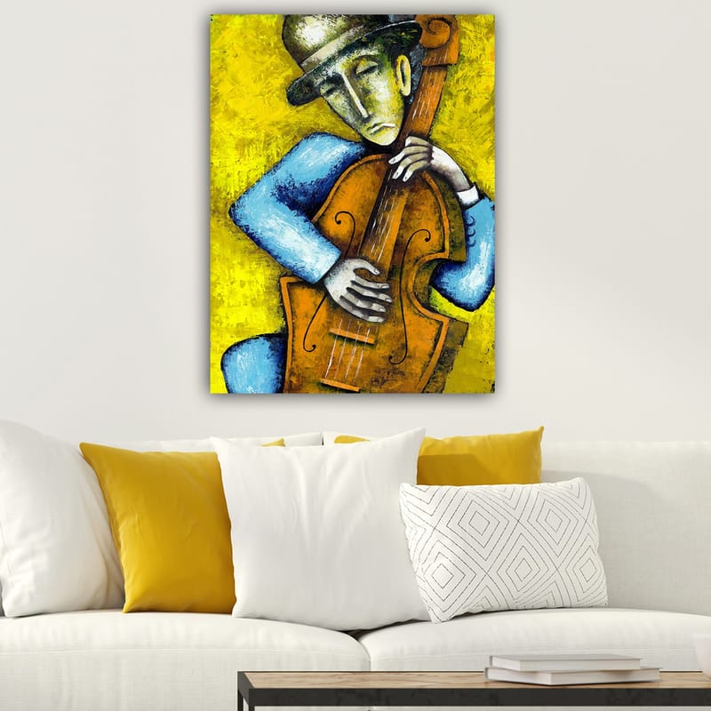 Canvastavla 70x100 cm - Musiker som spelar en kontrabas med en känslosam uttryck - Gult / Blått / Brunt - Inredning - Tavlor & konst - Canvastavlor