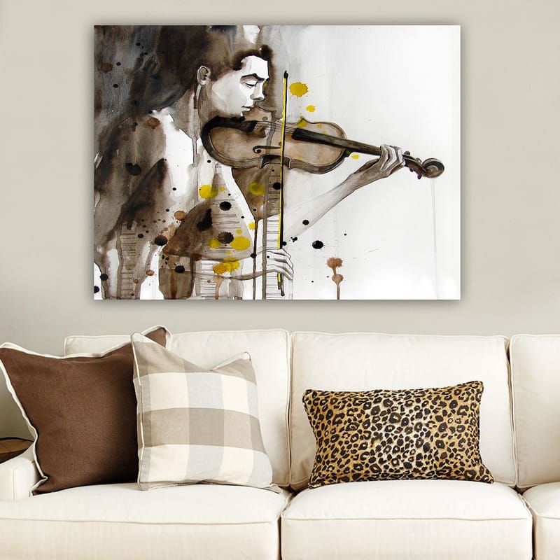 Canvastavla 70x100 cm - Musiker som spelar fiol, fångad i en känslomässig och uttrycksfull stil - Brun / Gul / Svart - Inredning - Tavlor & konst - Canvastavlor