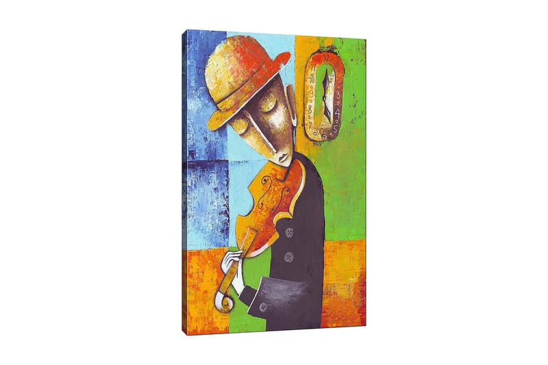 Canvastavla 70x100 cm - Musiker som spelar fiol, klädd i svart med en gul hatt, omgiven av färgglada geometriska former - Orange / Grön / Blå - Inredning - Tavlor & konst - Canvastavlor