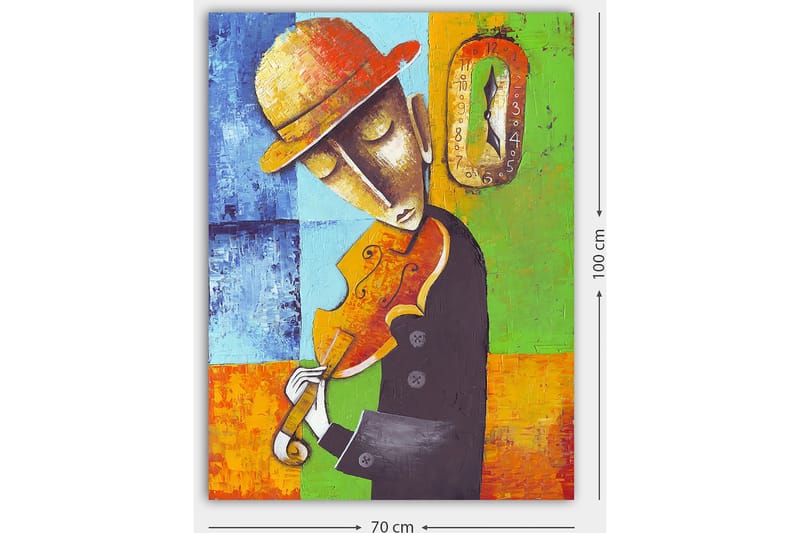 Canvastavla 70x100 cm - Musiker som spelar fiol, klädd i svart med en gul hatt, omgiven av färgglada geometriska former - Orange / Grön / Blå - Inredning - Tavlor & konst - Canvastavlor