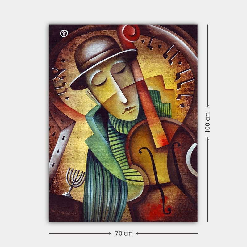 Canvastavla 70x100 cm - Musiker som spelar fiol med en melankolisk uttryck och en stiliserad bakgrund - Brun / Grön / Gul - Inredning - Tavlor & konst - Canvastavlor