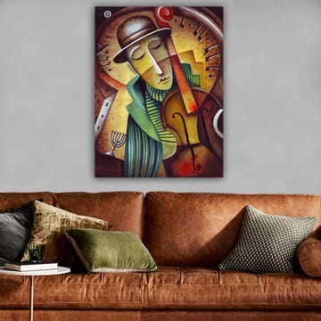 Canvastavla 70x100 cm - Musiker som spelar fiol med en melankolisk uttryck och en stiliserad bakgrund - Brun / Grön / Gul - Inredning - Tavlor & konst - Canvastavlor