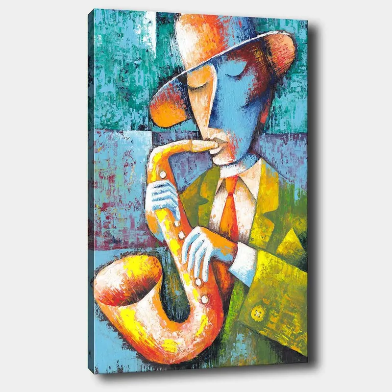 Canvastavla 70x100 cm - Musiker som spelar saxofon med en färgglad och stiliserad framtoning, Gul / Blå / Orange
