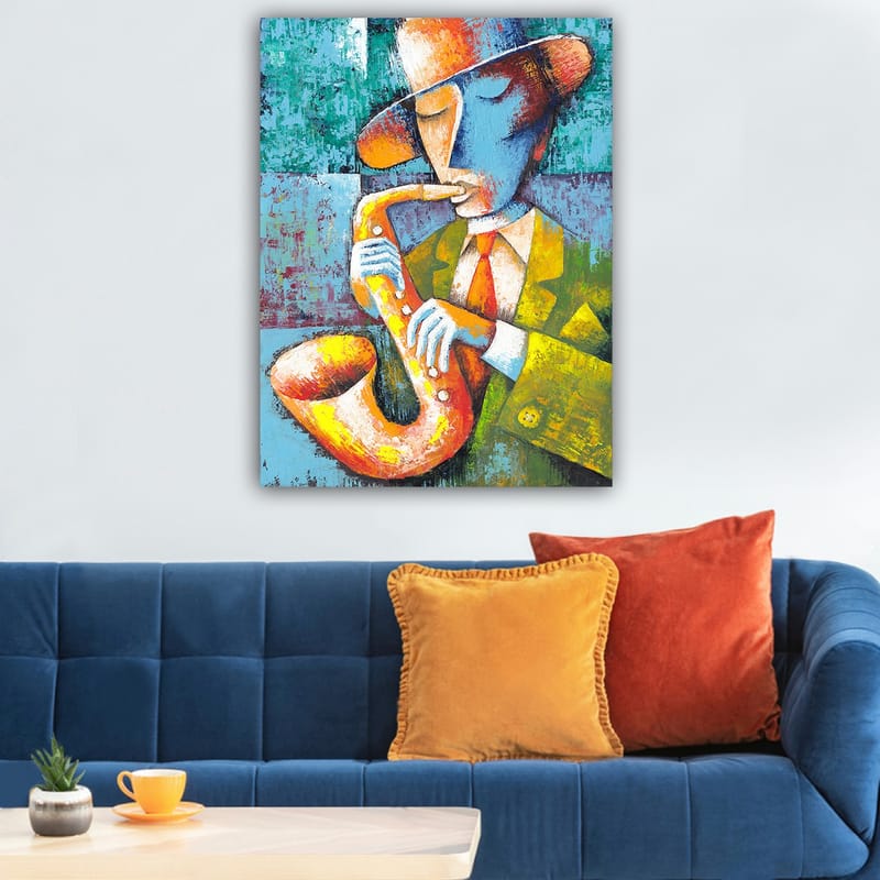 Canvastavla 70x100 cm - Musiker som spelar saxofon med en färgglad och stiliserad framtoning - Gul / Blå / Orange - Inredning - Tavlor & konst - Canvastavlor