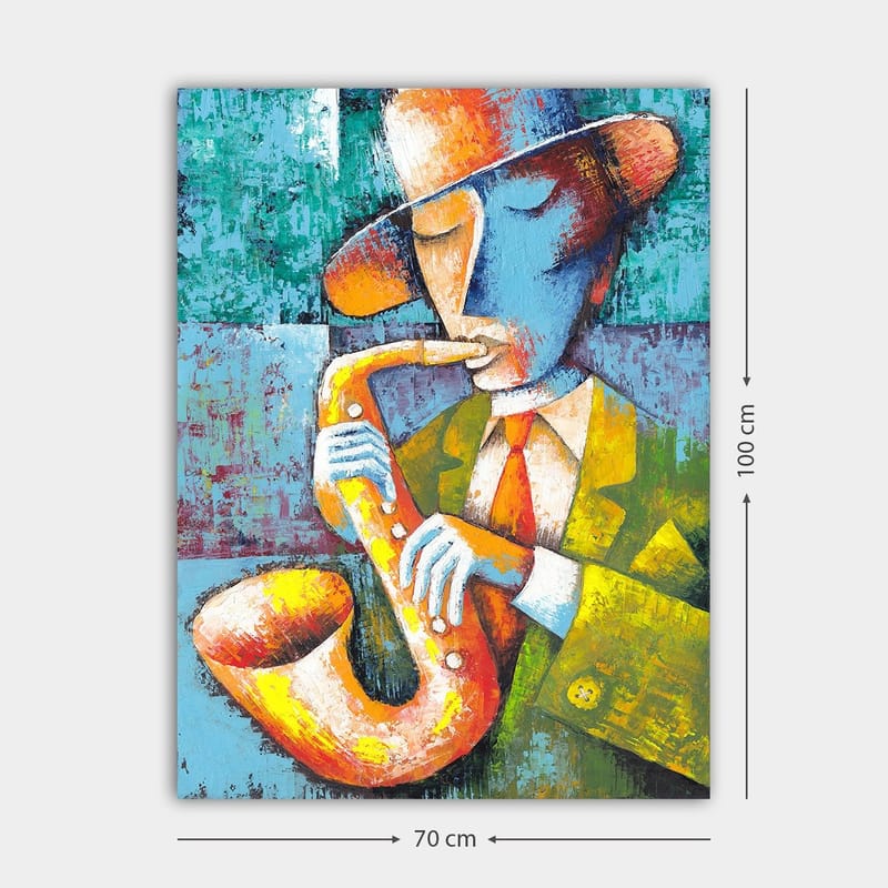 Canvastavla 70x100 cm - Musiker som spelar saxofon med en färgglad och stiliserad framtoning - Gul / Blå / Orange - Inredning - Tavlor & konst - Canvastavlor