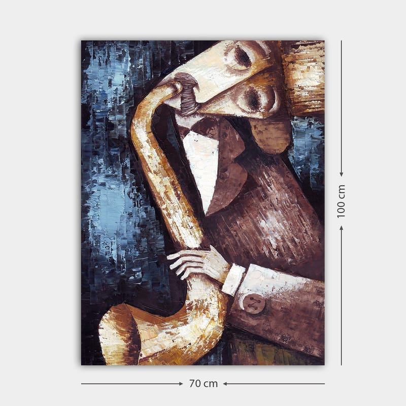 Canvastavla 70x100 cm - Musiker som spelar saxofon med en stiliserad och expressiv framtoning - Mörkblå / Beige / Brun - Inredning - Tavlor & konst - Canvastavlor