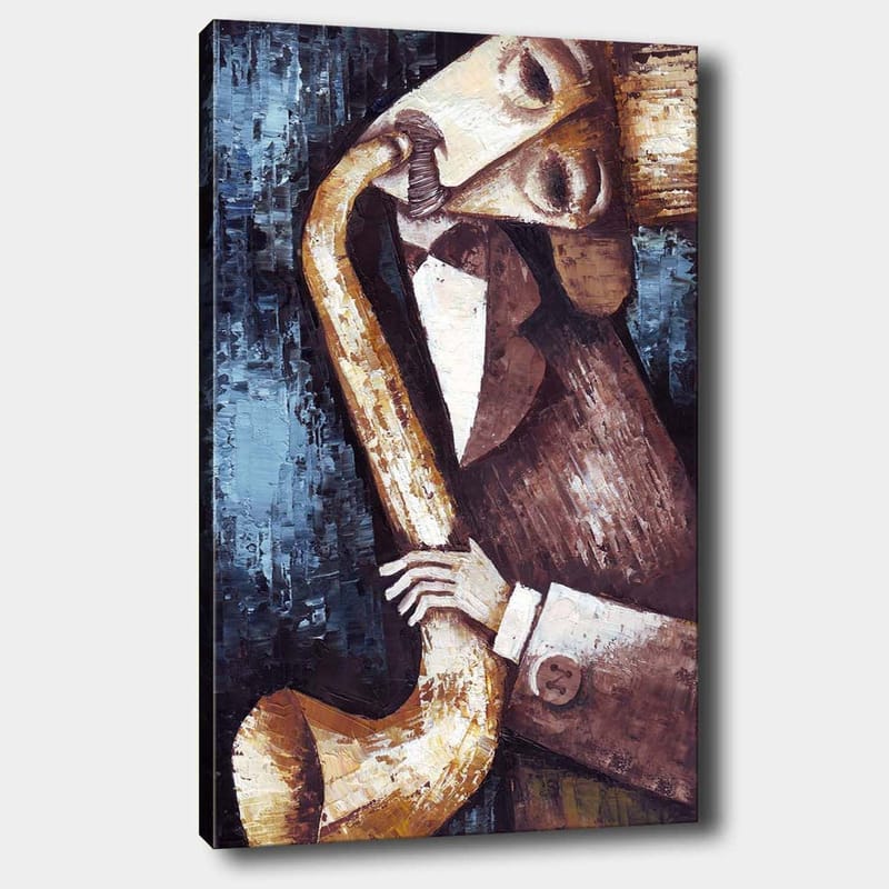 Canvastavla 70x100 cm - Musiker som spelar saxofon med en stiliserad och expressiv framtoning, Mörkblå / Beige / Brun