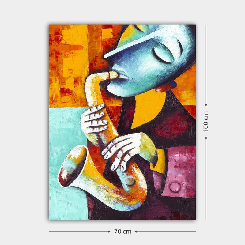 Canvastavla 70x100 cm - Musiker som spelar saxofon med ett uttrycksfullt ansiktsuttryck - Turkos / Orange / Svart - Inredning - Tavlor & konst - Canvastavlor
