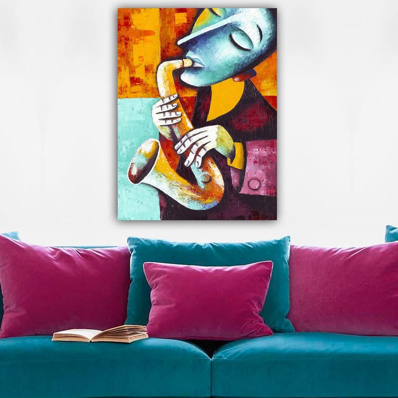 Canvastavla 70x100 cm - Musiker som spelar saxofon med ett uttrycksfullt ansiktsuttryck - Turkos / Orange / Svart - Inredning - Tavlor & konst - Canvastavlor