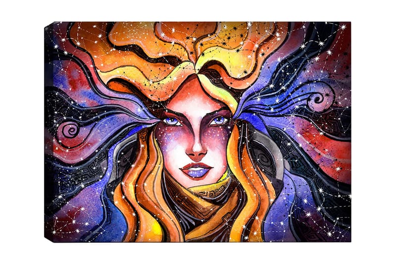 Canvastavla 70x100 cm - Mystisk kvinna med flödande hår som sträcker sig ut i en stjärnklar himmel - Orange / Lila / Guld - Inredning - Tavlor & konst - Canvastavlor