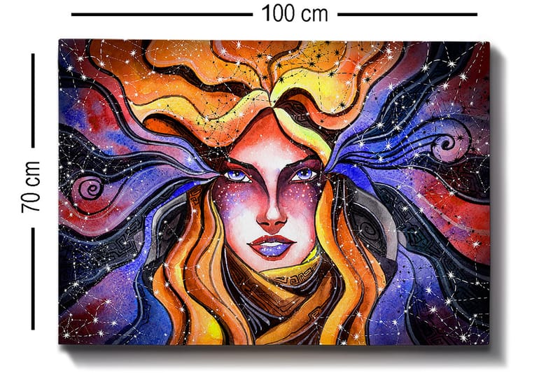 Canvastavla 70x100 cm - Mystisk kvinna med flödande hår som sträcker sig ut i en stjärnklar himmel - Orange / Lila / Guld - Inredning - Tavlor & konst - Canvastavlor