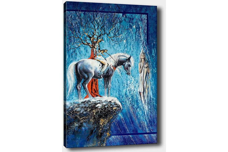 Canvastavla 70x100 cm - Mystisk scen med en häst och en kvinna i en drömlik miljö - Blå / Vit / Röd - Inredning - Tavlor & konst - Canvastavlor