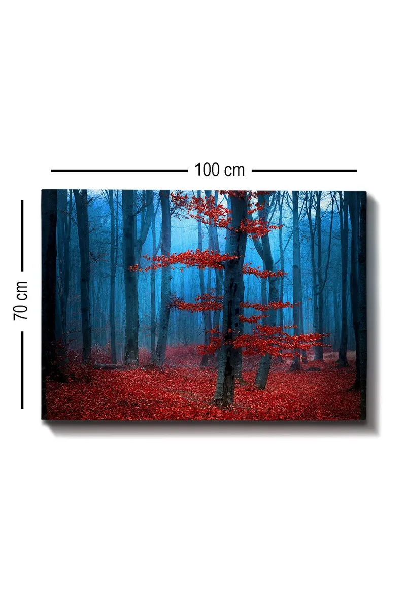 Canvastavla 70x100 cm - Mystisk skog med ett ensamt rött träd i en dimmig omgivning - Röd / Blå - Inredning - Tavlor & konst - Canvastavlor