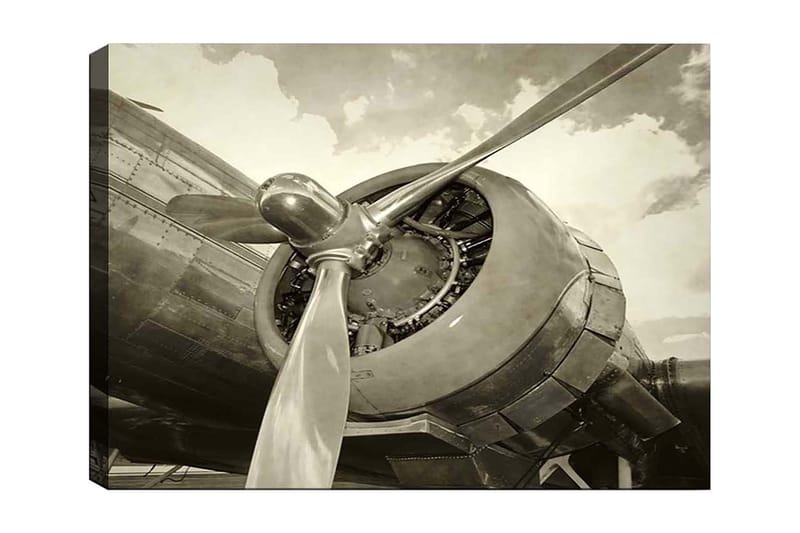 Canvastavla 70x100 cm - Närbild av en flygplanspropeller och motor i vintage-stil, Grå / Silver