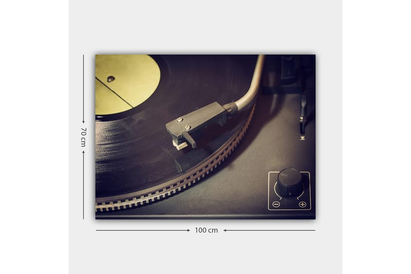 Canvastavla 70x100 cm - Närbild av en skivspelare med en vinylskiva och tonarm - Svart / Grå / Gul - Inredning - Tavlor & konst - Canvastavlor