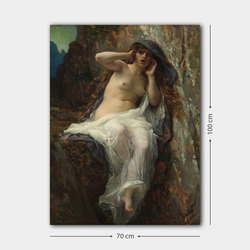Canvastavla 70x100 cm - Naken kvinna sitter på en klippa med en dramatisk och uttrycksfull pose - Beige / Vit / Mörkgrå - Inredning - Tavlor & konst - Canvastavlor