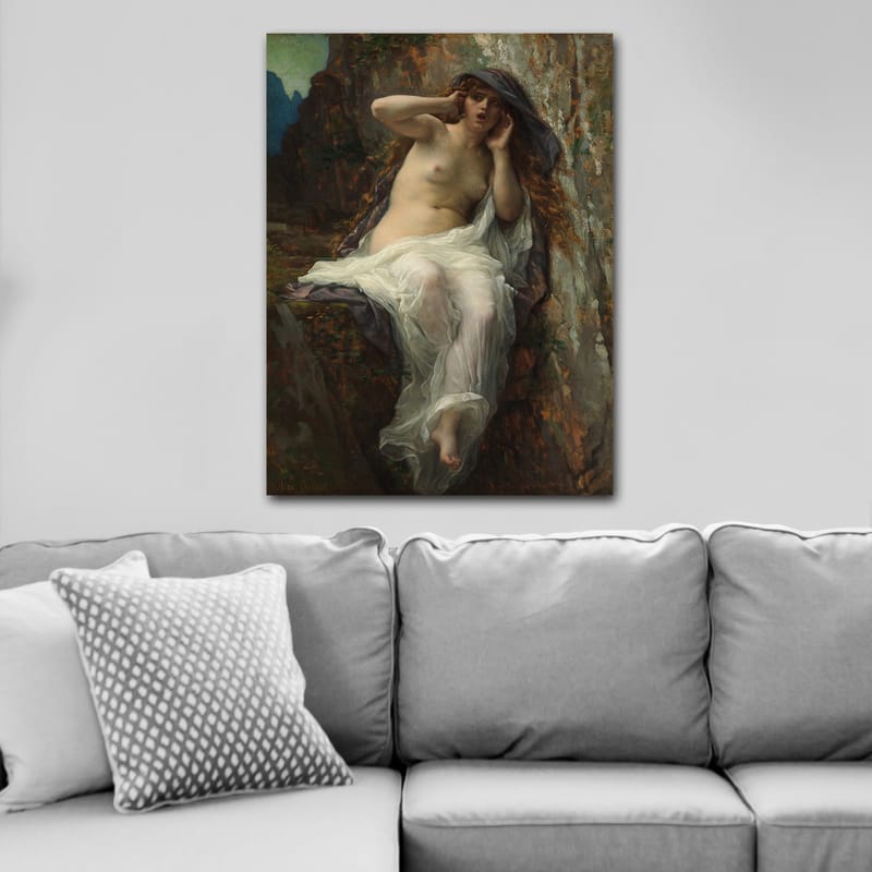 Canvastavla 70x100 cm - Naken kvinna sitter på en klippa med en dramatisk och uttrycksfull pose - Beige / Vit / Mörkgrå - Inredning - Tavlor & konst - Canvastavlor