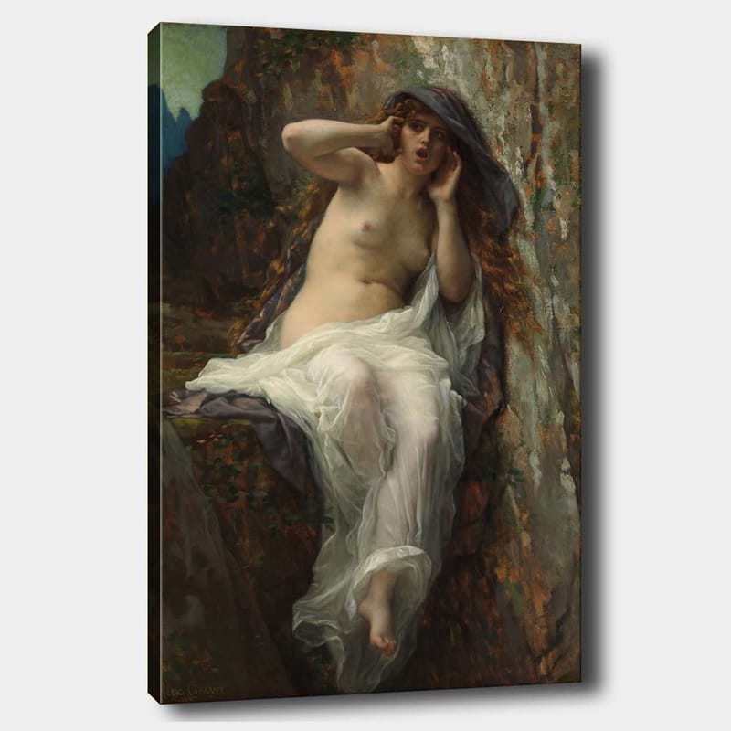 Canvastavla 70x100 cm - Naken kvinna sitter på en klippa med en dramatisk och uttrycksfull pose - Beige / Vit / Mörkgrå - Inredning - Tavlor & konst - Canvastavlor