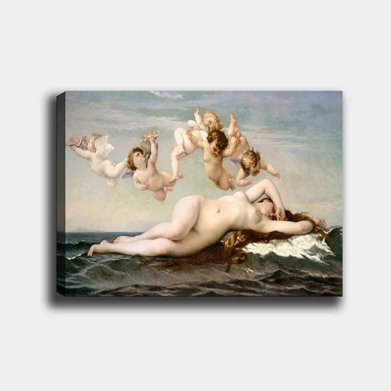 Canvastavla 70x100 cm - Naken kvinna som ligger på havets vågor omgiven av lekfulla änglar - Beige / Himmelsblå / Havsgrön - Inredning - Tavlor & konst - Canvastavlor