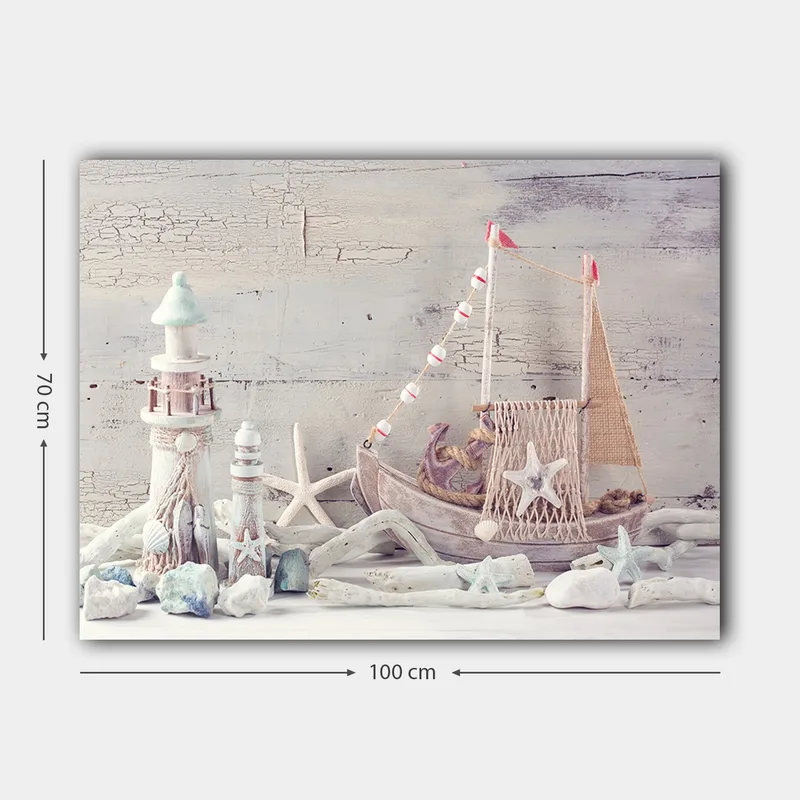 Canvastavla 70x100 cm - Nautisk komposition med en båt, sjöstjärnor och lanternor i en maritim stil - Blå / Vit / Beige - Inredning - Tavlor & konst - Canvastavlor