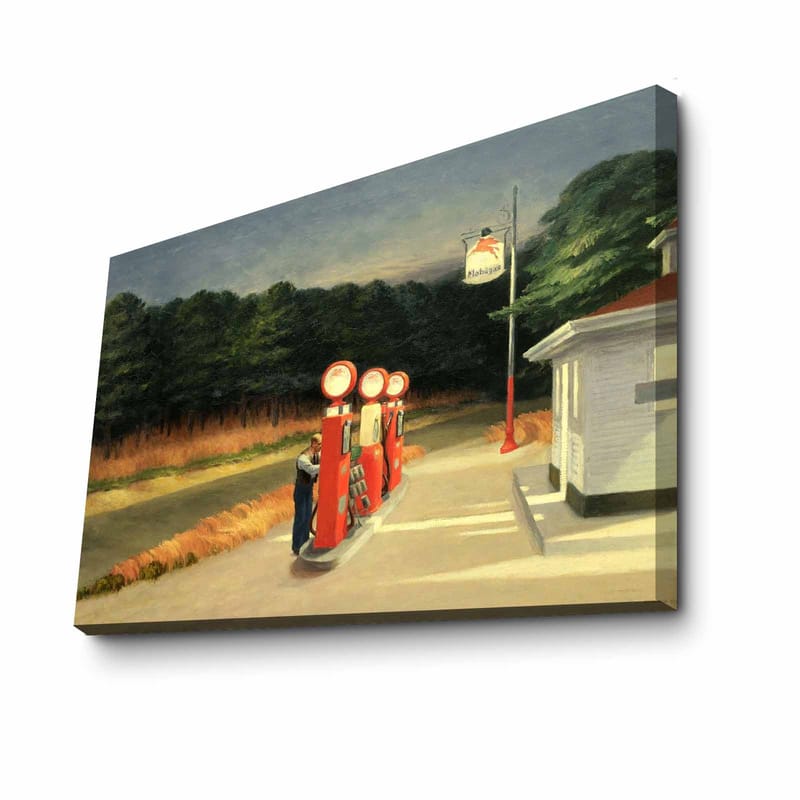 Canvastavla 70x100 cm - Nostalgisk bensinstation med vintage pumpar i en naturskön miljö - Röd / Grön / Blå - Inredning - Tavlor & konst - Canvastavlor