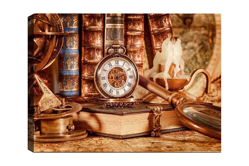 Canvastavla 70x100 cm - Nostalgisk samling av antika föremål inklusive en fickur, böcker och en ljusstake, Guld / Brunt / Beige