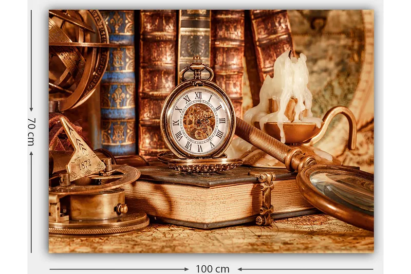 Canvastavla 70x100 cm - Nostalgisk samling av antika föremål inklusive en fickur, böcker och en ljusstake - Guld / Brunt / Beige - Inredning - Tavlor & konst - Canvastavlor