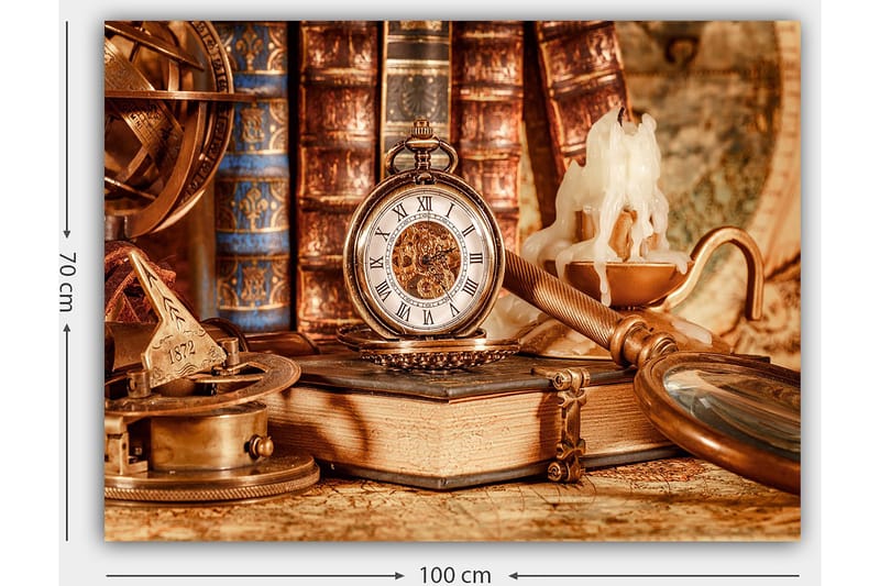 Canvastavla 70x100 cm - Nostalgisk samling av antika föremål inklusive en fickur, böcker och en ljusstake - Guld / Brunt / Beige - Inredning - Tavlor & konst - Canvastavlor