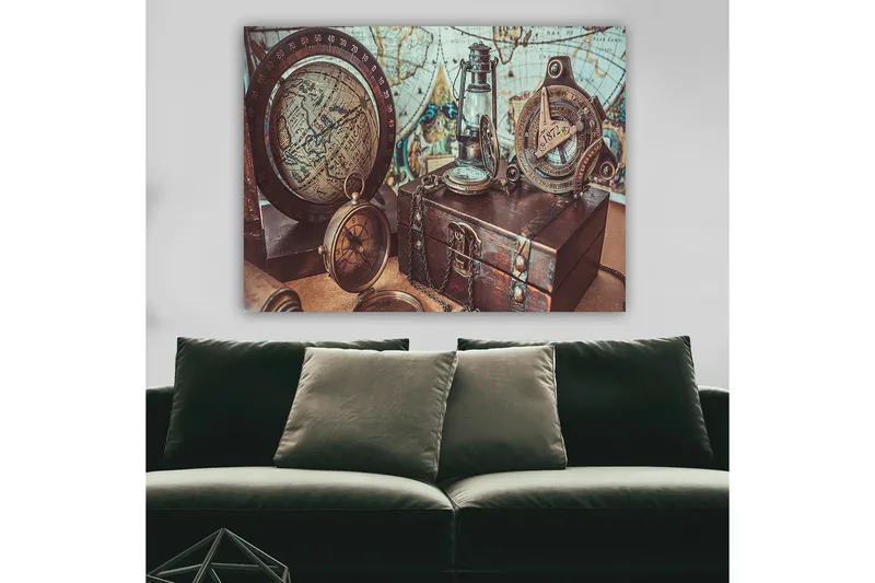 Canvastavla 70x100 cm - Nostalgisk samling av navigationsverktyg och en glob som framhäver äventyr och upptäcktsresande - Brunt / Guld / Blått - Inredning - Tavlor & konst - Canvastavlor