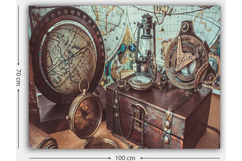 Canvastavla 70x100 cm - Nostalgisk samling av navigationsverktyg och en glob som framhäver äventyr och upptäcktsresande - Brunt / Guld / Blått - Inredning - Tavlor & konst - Canvastavlor