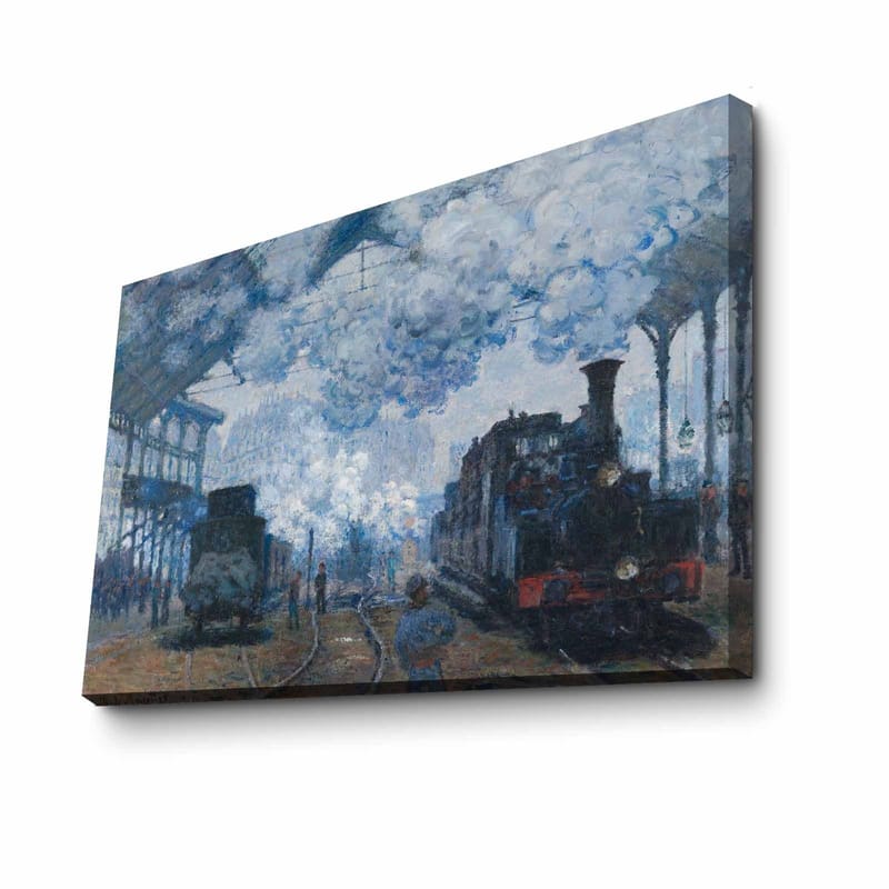 Canvastavla 70x100 cm - Nostalgisk skildring av en tågstation med ånglok och människor i rörelse - Blå / Grå / Brun - Inredning - Tavlor & konst - Canvastavlor