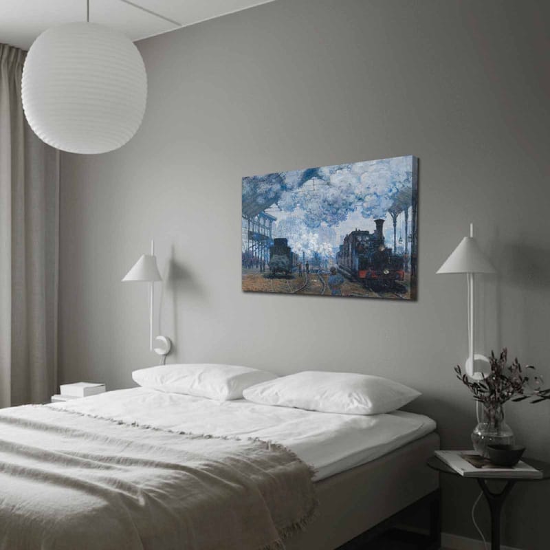 Canvastavla 70x100 cm - Nostalgisk skildring av en tågstation med ånglok och människor i rörelse - Blå / Grå / Brun - Inredning - Tavlor & konst - Canvastavlor