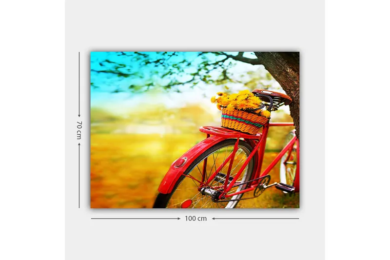 Canvastavla 70x100 cm - Röd cykel med en korg fylld av gula blommor - Röd / Gul / Grön - Inredning - Tavlor & konst - Canvastavlor