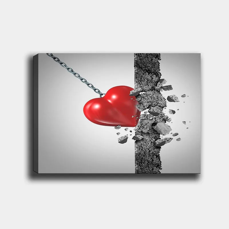 Canvastavla 70x100 cm - Röd hjärta som slår igenom en betongvägg - Röd / Grå - Inredning - Tavlor & konst - Canvastavlor