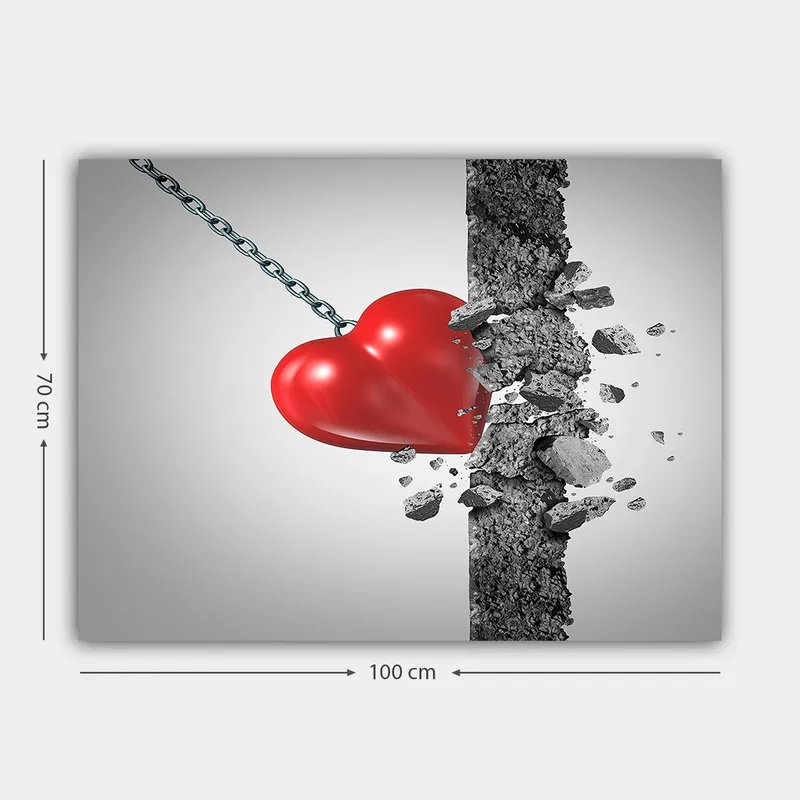 Canvastavla 70x100 cm - Röd hjärta som slår igenom en betongvägg - Röd / Grå - Inredning - Tavlor & konst - Canvastavlor
