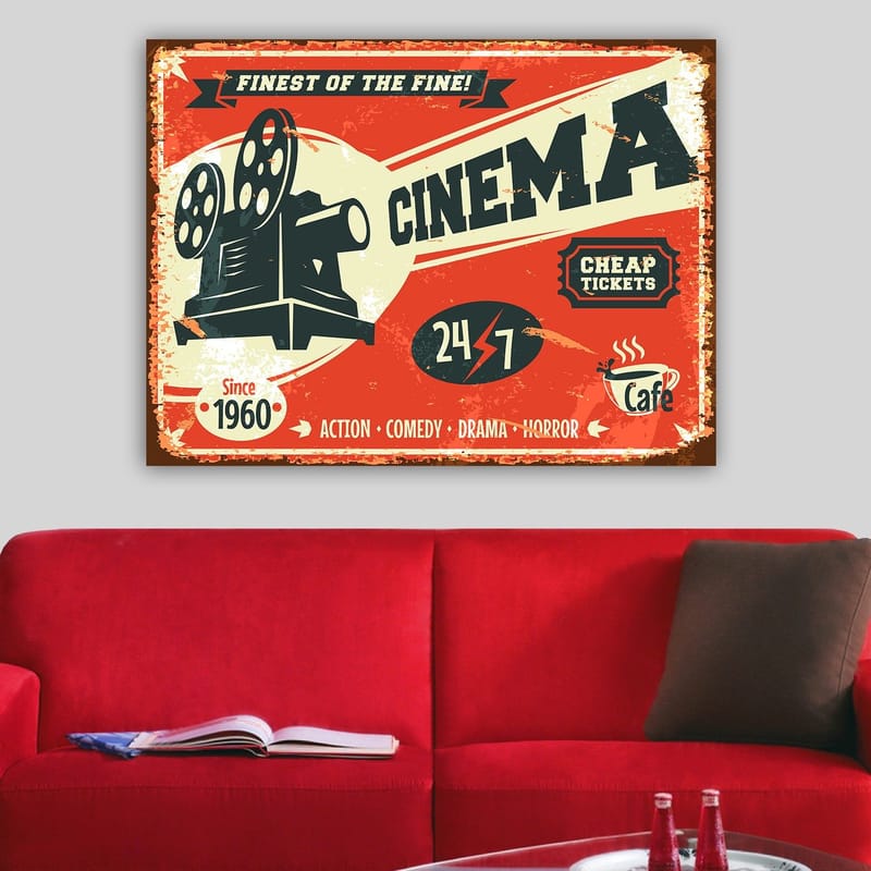 Canvastavla 70x100 cm - Retro affisch med en filmkamera som symboliserar biografens värld - Röd / Svart / Beige - Inredning - Tavlor & konst - Canvastavlor