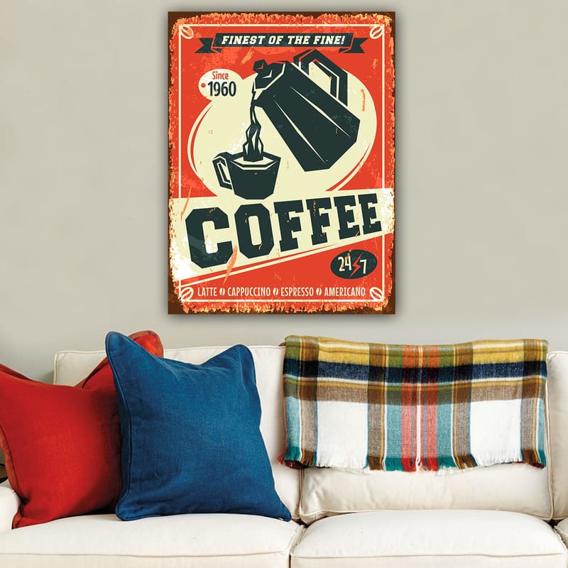 Canvastavla 70x100 cm - Retroaffisch med en kaffekanna som häller kaffe i en kopp - Röd / Svart / Beige - Inredning - Tavlor & konst - Canvastavlor