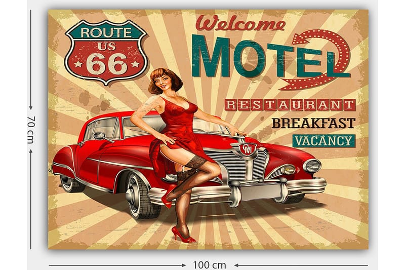 Canvastavla 70x100 cm - Retroinspirerad affisch med en kvinna i röd klänning som poserar vid en klassisk röd bil - Röd / Svart / Beige - Inredning - Tavlor & konst - Canvastavlor
