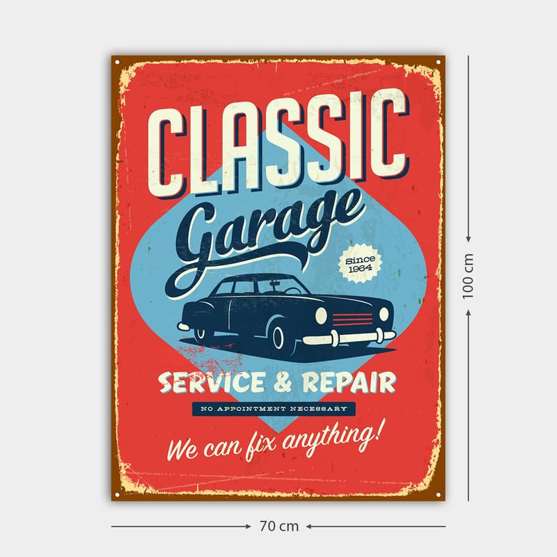 Canvastavla 70x100 cm - Retroinspirerad skylt med en klassisk bil och text för garageverksamhet - Röd / Blå / Svart - Inredning - Tavlor & konst - Canvastavlor