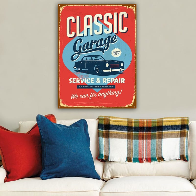 Canvastavla 70x100 cm - Retroinspirerad skylt med en klassisk bil och text för garageverksamhet - Röd / Blå / Svart - Inredning - Tavlor & konst - Canvastavlor