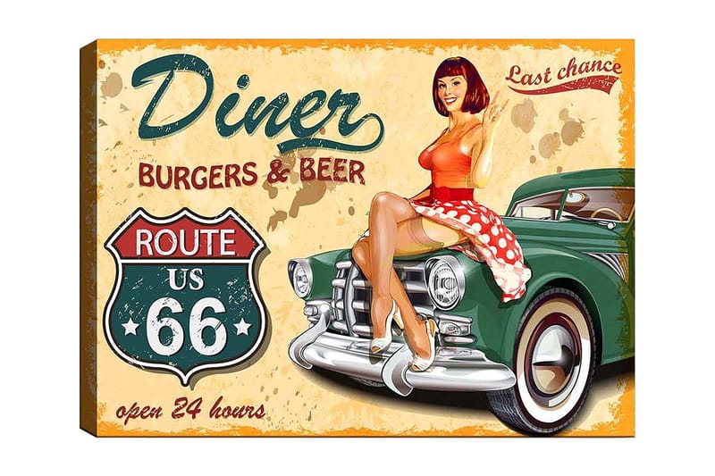 Canvastavla 70x100 cm - Retroinspirerad tavla med en kvinna i röd klänning med vita prickar som sitter på en vintage bil vid en diner, Röd / Grön / Beige