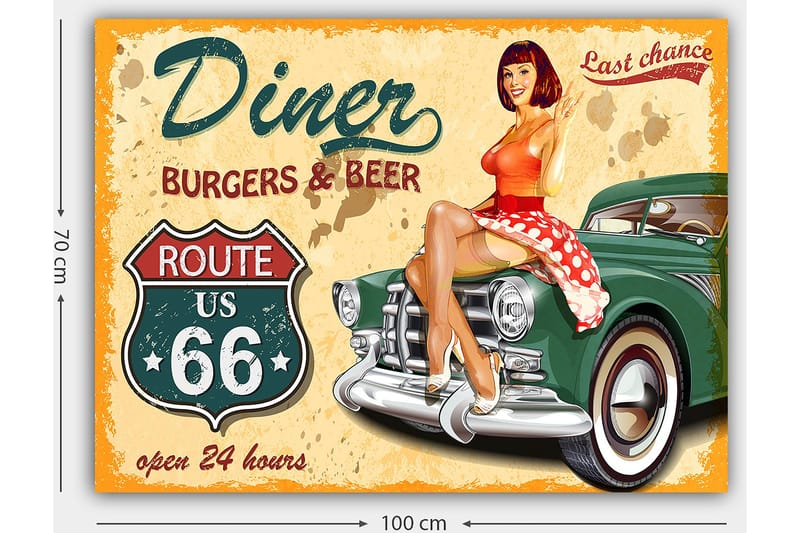 Canvastavla 70x100 cm - Retroinspirerad tavla med en kvinna i röd klänning med vita prickar som sitter på en vintage bil vid en diner - Röd / Grön / Beige - Inredning - Tavlor & konst - Canvastavlor