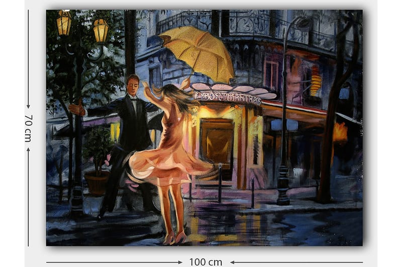 Canvastavla 70x100 cm - Romantisk dansande par under ett paraply i regnet - Rosa / Svart / Gult - Inredning - Tavlor & konst - Canvastavlor