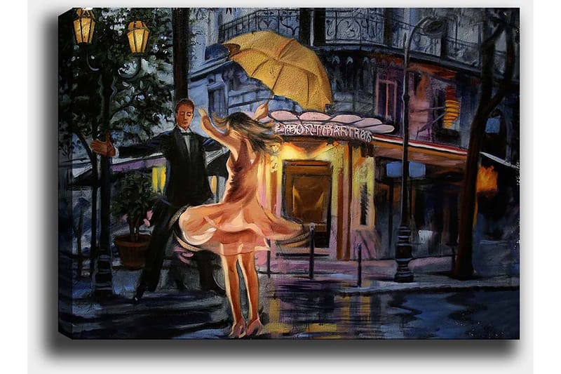 Canvastavla 70x100 cm - Romantisk dansande par under ett paraply i regnet - Rosa / Svart / Gult - Inredning - Tavlor & konst - Canvastavlor