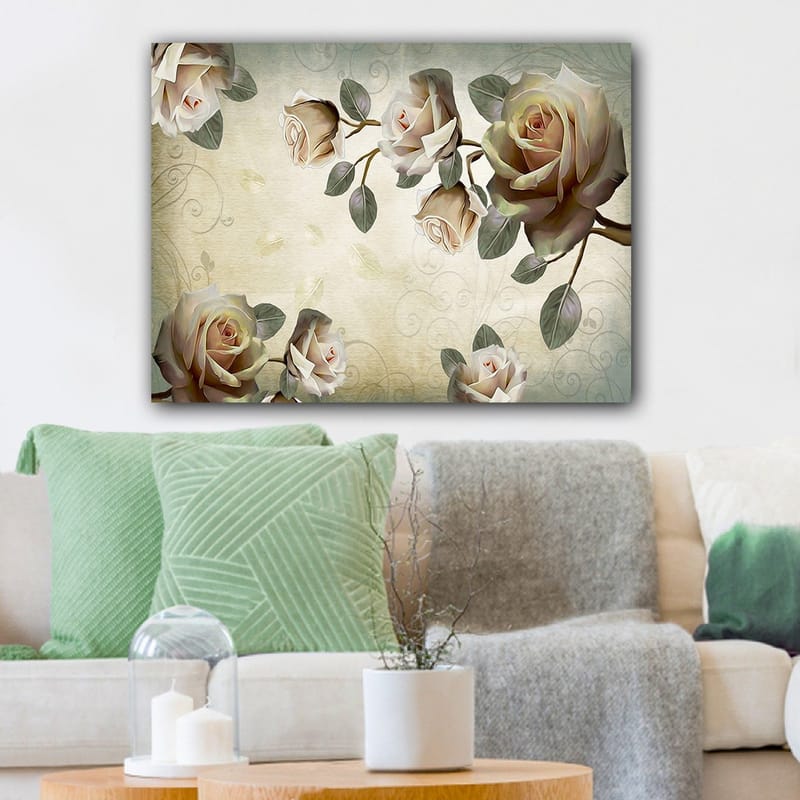 Canvastavla 70x100 cm - Romantisk komposition av rosor i mjuka nyanser som symboliserar skönhet och kärlek - Ljusrosa / Grön / Beige - Inredning - Tavlor & konst - Canvastavlor
