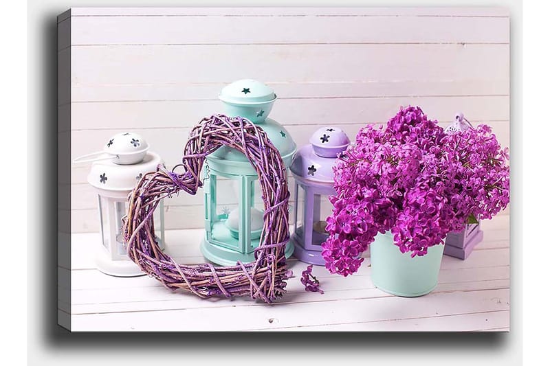 Canvastavla 70x100 cm - Romantisk komposition med ett hjärta av kvistar och en kruka med lila blommor - Lila / Mintgrön / Vit - Inredning - Tavlor & konst - Canvastavlor