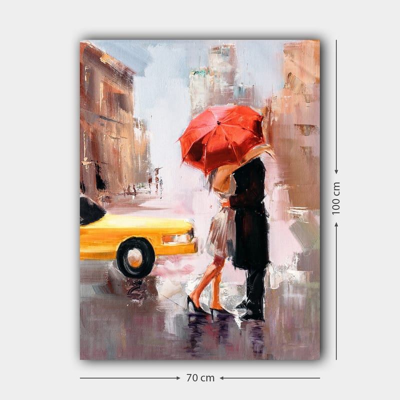 Canvastavla 70x100 cm - Romantisk kyss under ett röd paraply i en stadsmiljö - Röd / Svart / Gul - Inredning - Tavlor & konst - Canvastavlor