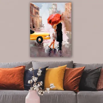 Canvastavla 70x100 cm - Romantisk kyss under ett röd paraply i en stadsmiljö - Röd / Svart / Gul - Inredning - Tavlor & konst - Canvastavlor
