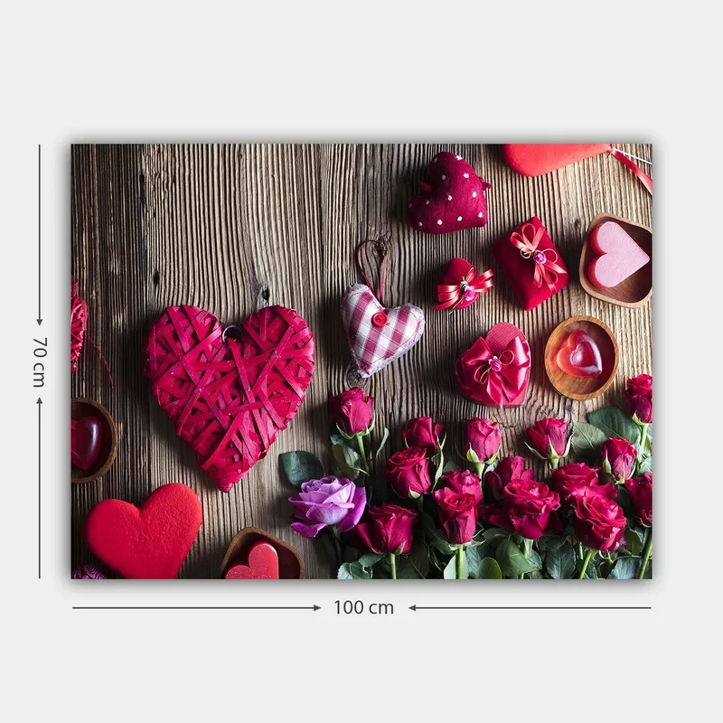 Canvastavla 70x100 cm - Romantisk samling av hjärtformade dekorationer och rosor - Röd / Grön / Rosa - Inredning - Tavlor & konst - Canvastavlor
