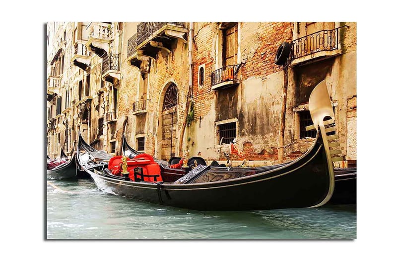 Canvastavla 70x100 cm - Romantisk scen med gondoler som glider fram i en venetiansk kanal - Svart / Röd / Beige - Inredning - Tavlor & konst - Canvastavlor